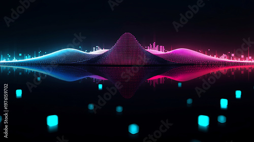 Neon colored waveform with cityscape and glowing cubes on water surface