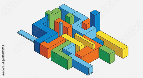 Colorful 3D blocks puzzle pieces structure.