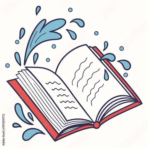 Open book with pages turning and water drops splashing out creating dynamic and engaging visual storytelling concept vector illustration.