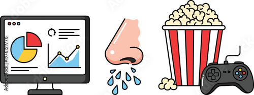 "Technology health and entertainment vector illustration with data charts, runny nose, popcorn bucket, video game controller"