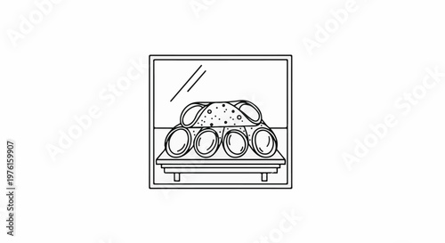 Line art illustration of cannoli pastries stacked inside a display case with reflective glass