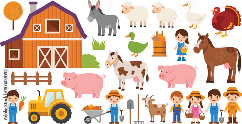 Farm Life Illustration Set with Barn Animals Farmers Tractor Tools Cow Pig Horse Duck and Rural Agriculture Cartoon Vector Collection