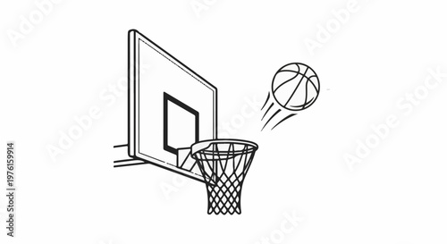 Basketball in flight towards the net, a simple line art illustration