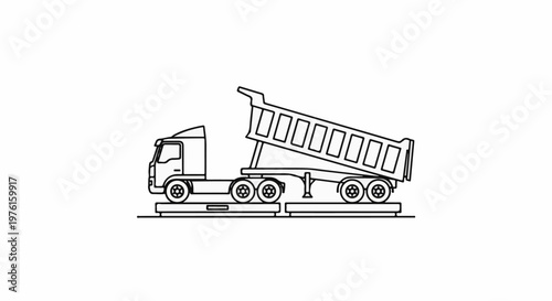 Outline of a dump truck with its bed raised, parked on weighing scales