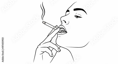 Close-up line drawing of a person exhaling smoke from a cigarette