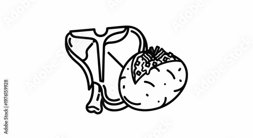 Line art depiction of a T-bone steak and a taco