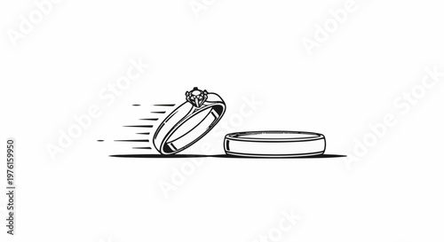 Diamond engagement ring speeds towards plain wedding band, motion lines