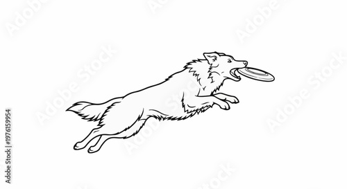 Line drawing of a dog mid-air catching a frisbee