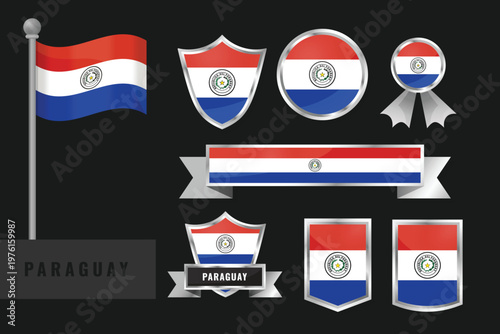 Professional set of Paraguay flag emblems. Includes shields, badges, and icons in red, white, and blue with the national coat of arms. Ideal for South American patriotic designs.
