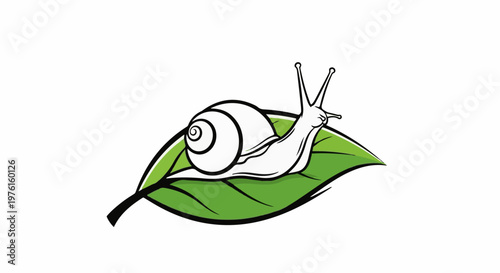 Stylized white snail with spiral shell crawls on a green leaf
