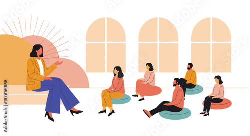 Diverse people, group therapy, counseling session, mental health, vector illustration