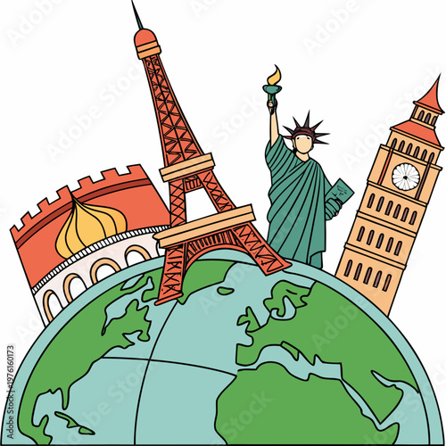 Illustration showing world landmarks such as eiffel tower statue of liberty big ben and kremlin sitting on green globe representing global tourism.
