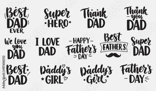 A collection of heartfelt hand lettered typography designs celebrating father's day and expressing love for dads