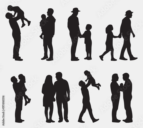 A collection of silhouetted figures depicting diverse family interactions and relationships showcasing love and togetherness