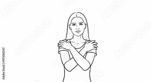 Line drawing of a woman with long hair hugging herself