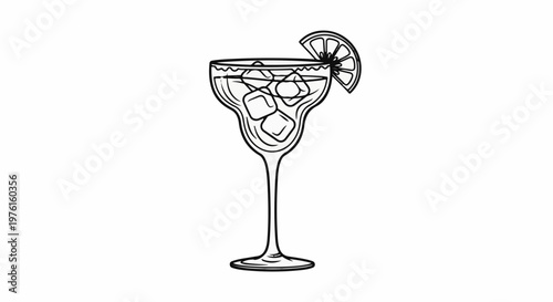 Line art of a margarita glass filled with ice and garnished with a lime wedge