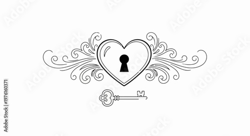 Ornate heart with keyhole and flourish design, key below
