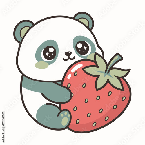 Cute cartoon panda holding a fresh red strawberry in a sweet and playful illustration