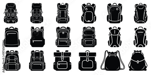 Collection of eighteen diverse black and white backpack icons isolated on a white background.