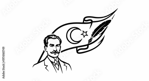 Man with mustache and stylized flag with crescent, star, and quill pen