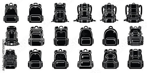 A collection of various backpack silhouettes in black and white on a plain background.