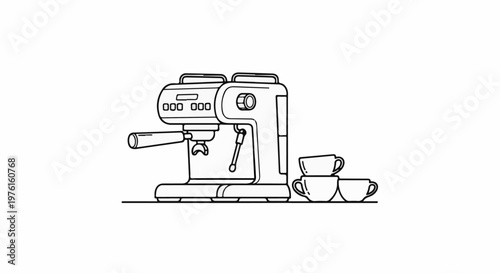Outline illustration of an espresso machine and stacked cups