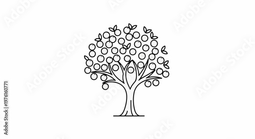 Outline of a stylized tree with numerous round fruits and small leaves