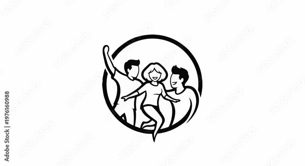 Obraz premium Stylized black and white illustration of three joyful people in a circle