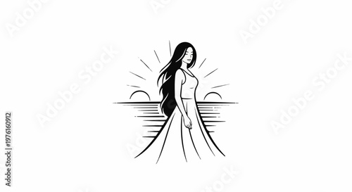 Woman in flowing dress stands by a serene ocean sunrise