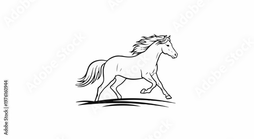 A stylized black and white line drawing of a horse in motion