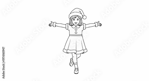 A girl in a Santa hat and festive dress with arms outstretched