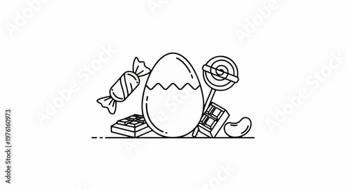 A stylized black and white illustration of Easter treats and a festive egg