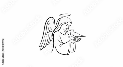 A gentle angel with soft wings cradles a dove in her hands, halo above