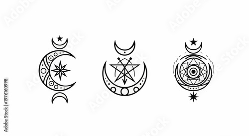 Mystical celestial symbols with moons, stars, and geometric designs