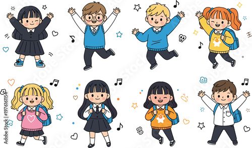 Happy School Kids Character Illustration Set with Dancing Children Music Notes Backpack and Cute Cartoon Education Vector Collection