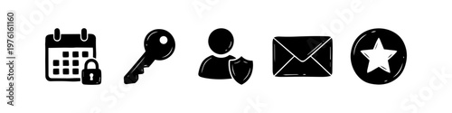 Hand-drawn black web and security icons featuring a locked calendar, key, protected user profile, email envelope, and favorite star on a clean white background.