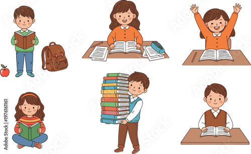School Children Studying Illustration Set with Reading Writing Books Backpack Stack and Classroom Activities Cute Cartoon Vector Collection