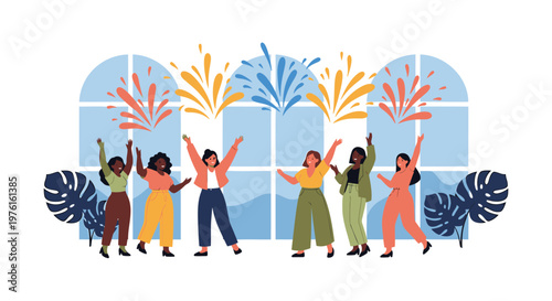 Diverse people celebrating, colorful fireworks, festive illustration, party poppers
