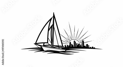Silhouette of a sailboat on water with a city skyline and sunrise