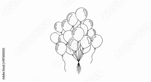 A cluster of hand-drawn balloons tied together with strings on a white background