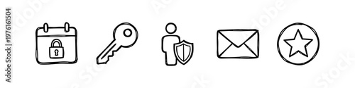 Set of hand-drawn security and communication icons including a locked calendar, key, protected person, envelope, and star.