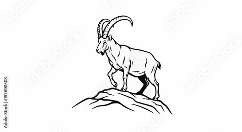 Stylized drawing of a mountain goat with large curved horns