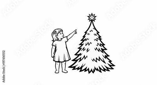 A child points excitedly at a decorated evergreen tree with a star topper