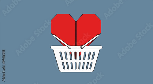 A stylized red heart sits in a white shopping basket