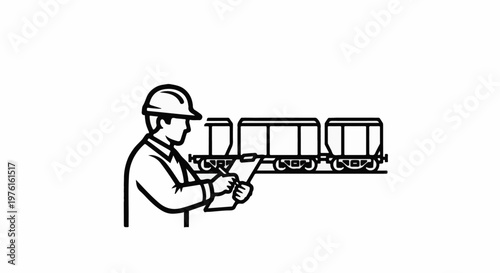 A worker in a hard hat inspects train cars on a track with a clipboard
