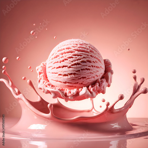 Strawberry ice cream scoop splashing in creamy pink liquid on pink background