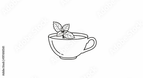 Simple line drawing of a teacup with mint leaves