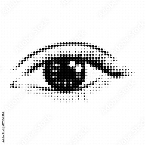 Funny halftone human eyes. Halftone dotted eye sight cutout style. Y2k retro vector collage template