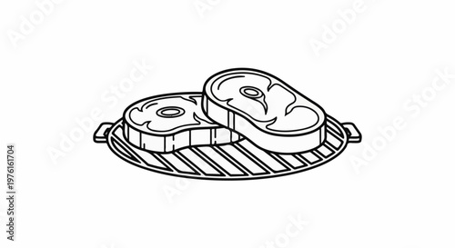 Raw steaks on a grill rack, a simple black and white illustration