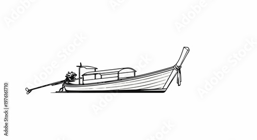 Stylized line drawing of a narrow, long boat with a canopy and outboard motor
